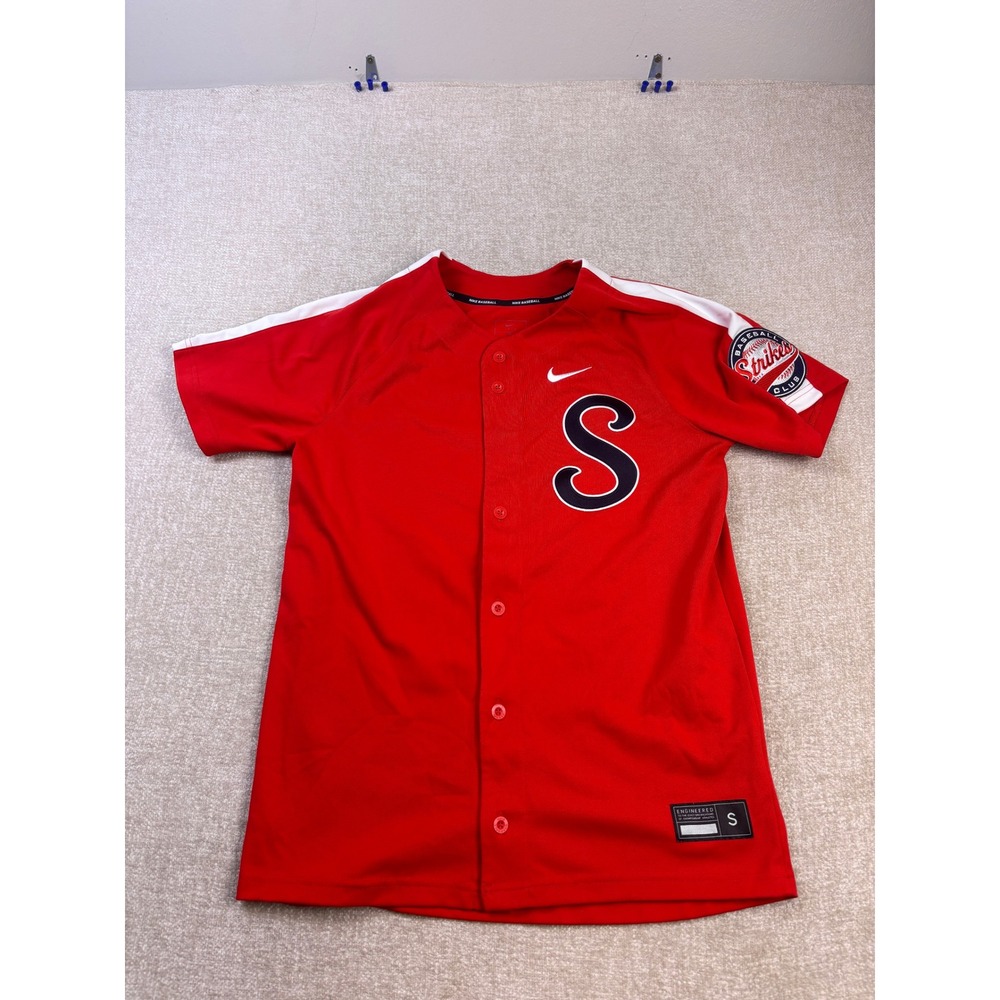 Nike Baseball Team Jersey Red Short Sleeve Button Up Mens Small S 5 Strikes Club